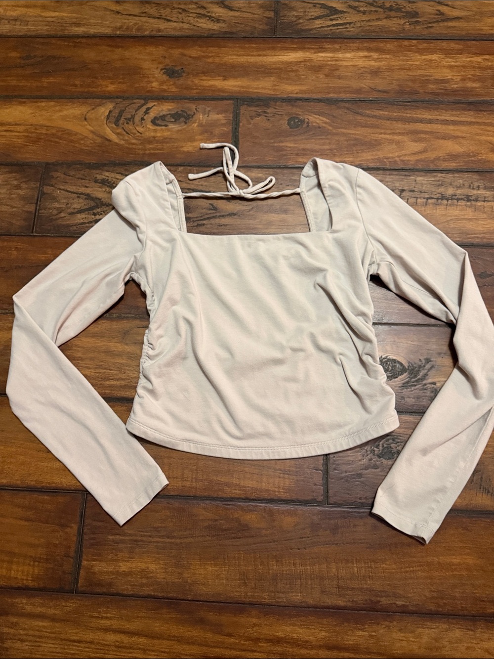 Garage Light Beige Square-Neck Long-Sleeve Crop Top